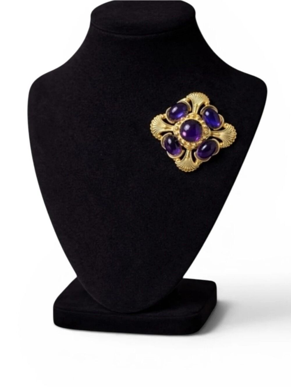 Vintage Adolfo Gold Tone Amethyst Cabochon Brooch Statement Pin